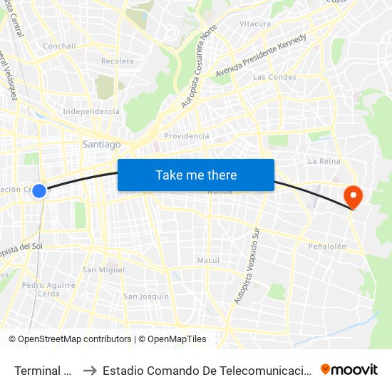 Terminal San Borja to Estadio Comando De Telecomunicaciones Del Ejército De Chile map