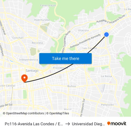 Pc116-Avenida Las Condes / Esq. G. Fuenzalida to Universidad Diego Portales map