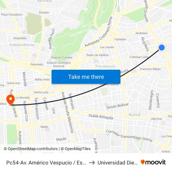 Pc54-Av. Américo Vespucio / Esq. Av. Cristóbal Colón to Universidad Diego Portales map