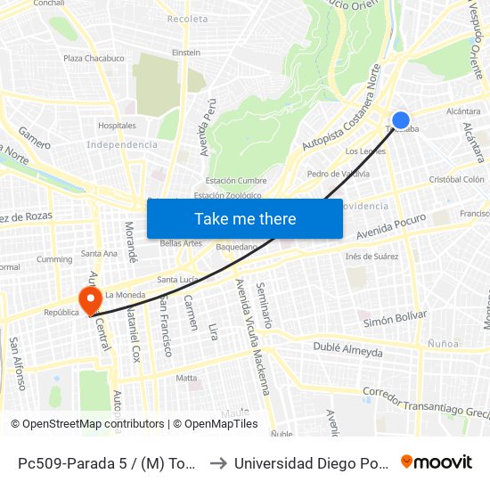 Pc509-Parada 5 / (M) Tobalaba to Universidad Diego Portales map