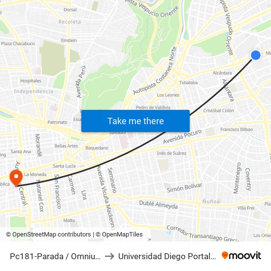 Pc181-Parada / Omnium to Universidad Diego Portales map