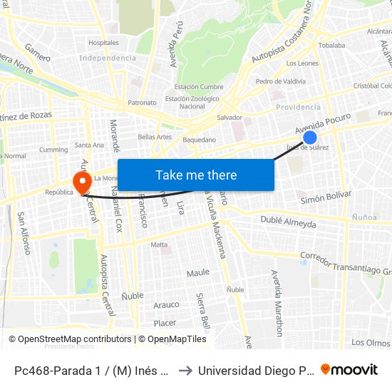 Pc468-Parada 1 / (M) Inés De Suarez to Universidad Diego Portales map
