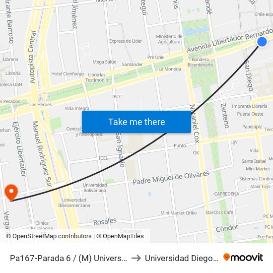 Pa167-Parada 6 / (M) Universidad De Chile to Universidad Diego Portales map