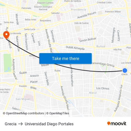 Grecia to Universidad Diego Portales map