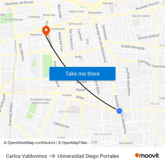 Carlos Valdovinos to Universidad Diego Portales map