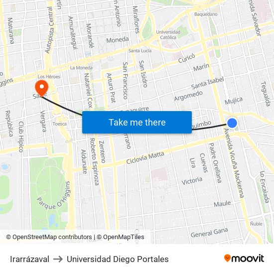 Irarrázaval to Universidad Diego Portales map