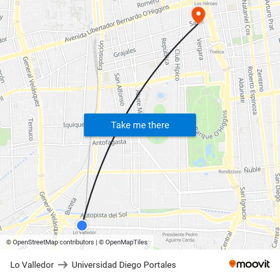 Lo Valledor to Universidad Diego Portales map
