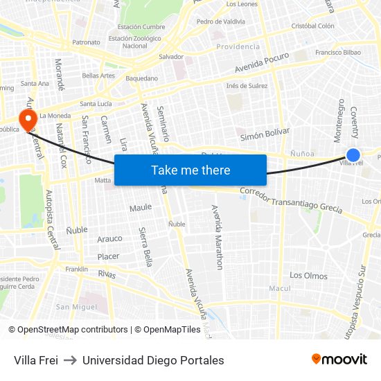 Villa Frei to Universidad Diego Portales map