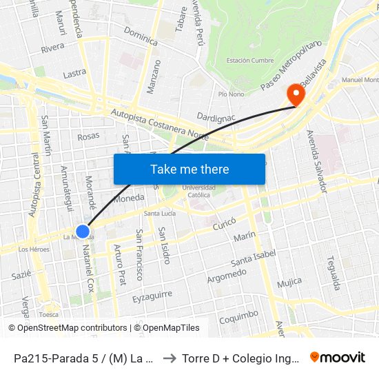 Pa215-Parada 5 / (M) La Moneda to Torre D + Colegio Ingenieros map