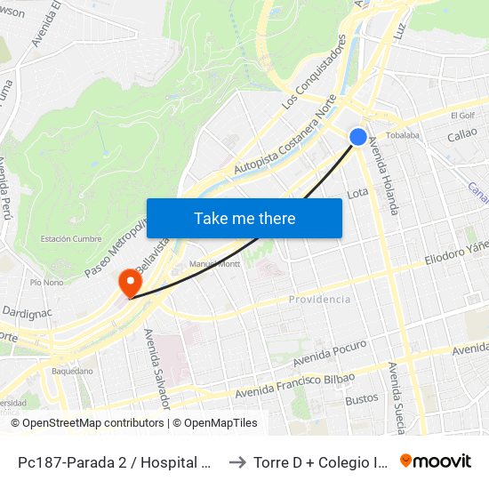 Pc187-Parada 2 / Hospital Metropolitano to Torre D + Colegio Ingenieros map