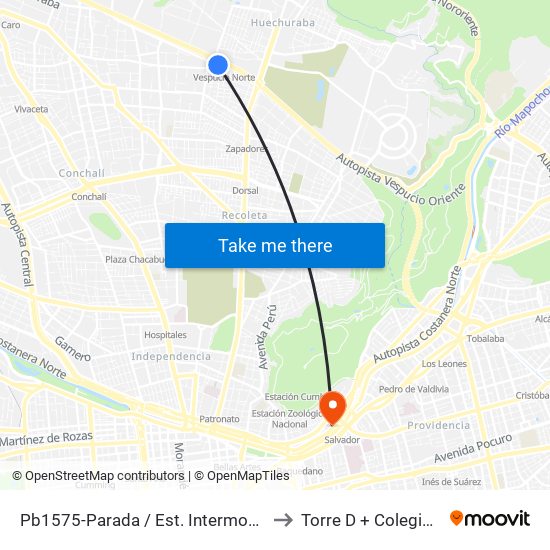 Pb1575-Parada / Est. Intermodal Vespucio Norte to Torre D + Colegio Ingenieros map