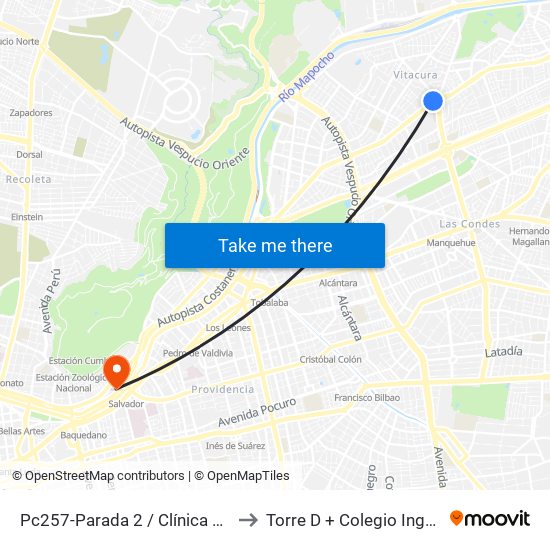 Pc257-Parada 2 / Clínica Alemana to Torre D + Colegio Ingenieros map