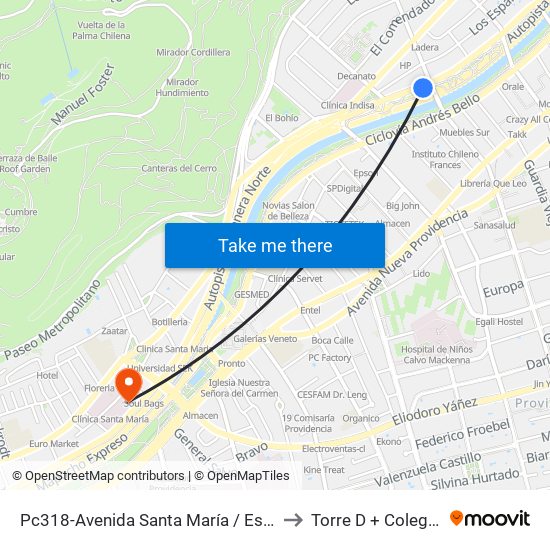 Pc318-Avenida Santa María / Esq. Av. Pedro De Valdivia to Torre D + Colegio Ingenieros map