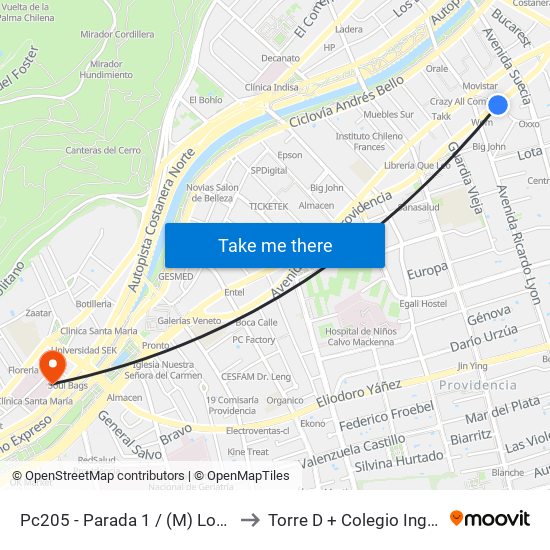 Pc205 - Parada 1 / (M) Los Leones to Torre D + Colegio Ingenieros map