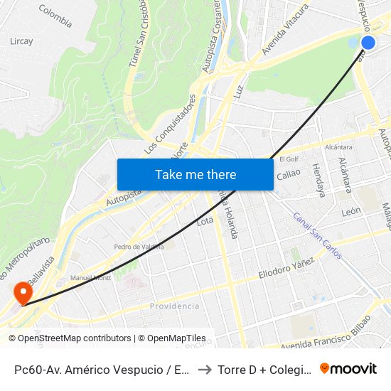 Pc60-Av. Américo Vespucio / Esq. Av. Pdte. Kennedy to Torre D + Colegio Ingenieros map