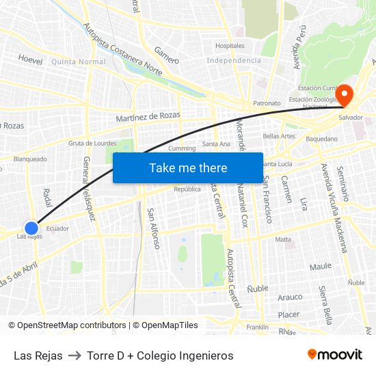 Las Rejas to Torre D + Colegio Ingenieros map