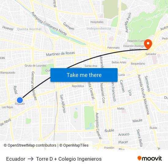 Ecuador to Torre D + Colegio Ingenieros map