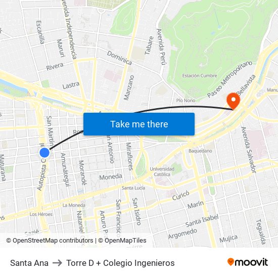 Santa Ana to Torre D + Colegio Ingenieros map