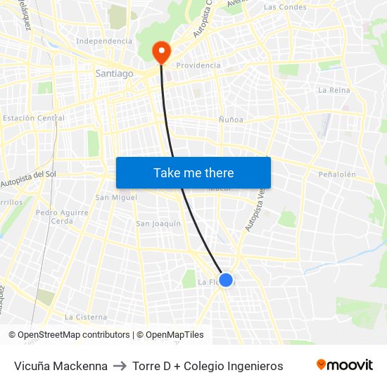 Vicuña Mackenna to Torre D + Colegio Ingenieros map