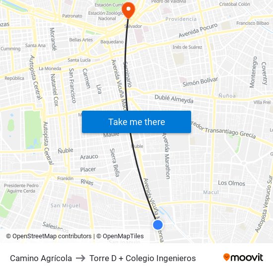 Camino Agrícola to Torre D + Colegio Ingenieros map