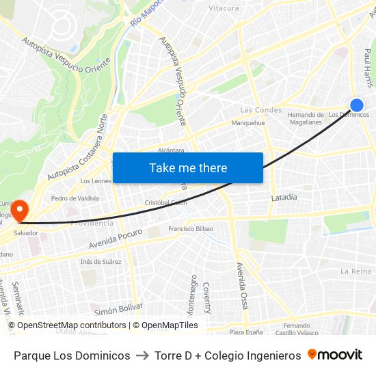 Parque Los Dominicos to Torre D + Colegio Ingenieros map