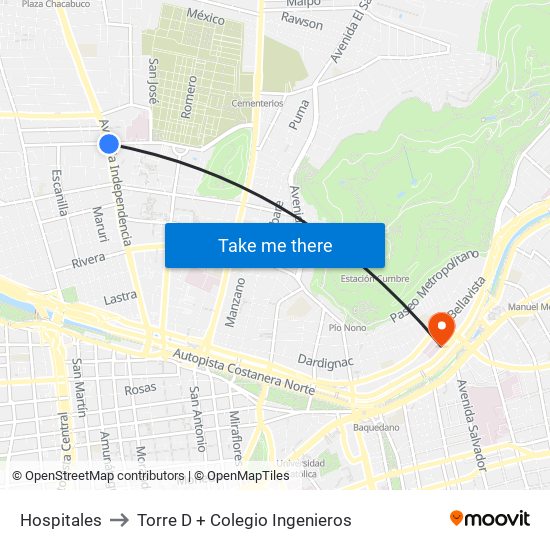 Hospitales to Torre D + Colegio Ingenieros map