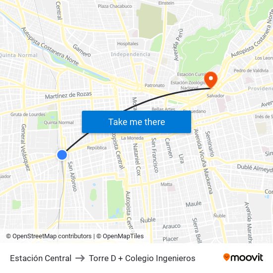 Estación Central to Torre D + Colegio Ingenieros map