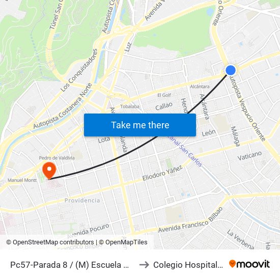 Pc57-Parada 8 / (M) Escuela Militar to Colegio Hospitalario map