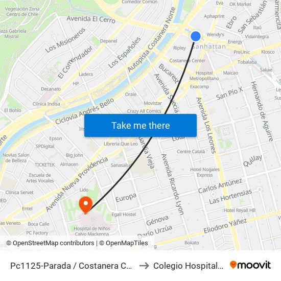 Pc1125-Parada / Costanera Center to Colegio Hospitalario map