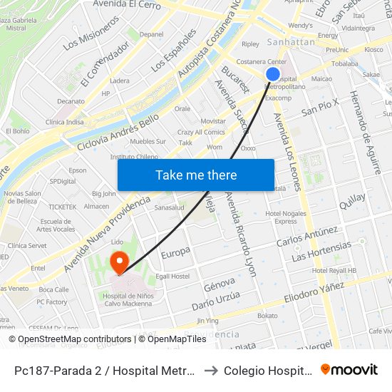 Pc187-Parada 2 / Hospital Metropolitano to Colegio Hospitalario map