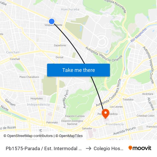 Pb1575-Parada / Est. Intermodal Vespucio Norte to Colegio Hospitalario map
