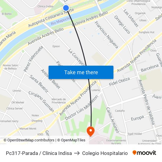 Pc317-Parada / Clínica Indisa to Colegio Hospitalario map