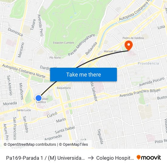 Pa169-Parada 1 / (M) Universidad Católica to Colegio Hospitalario map