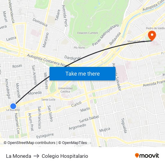 La Moneda to Colegio Hospitalario map