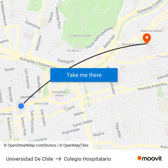 Universidad De Chile to Colegio Hospitalario map