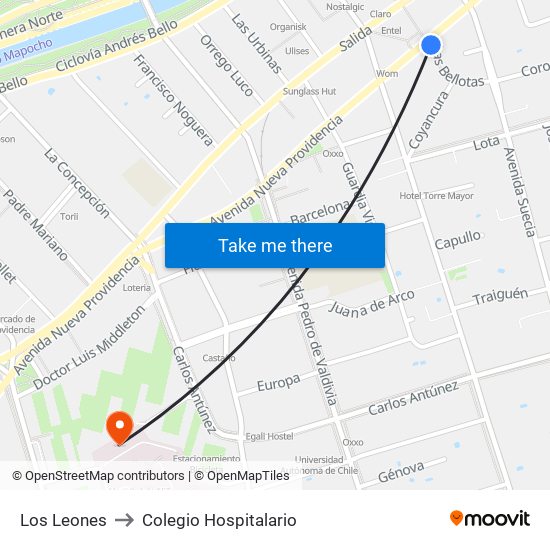 Los Leones to Colegio Hospitalario map