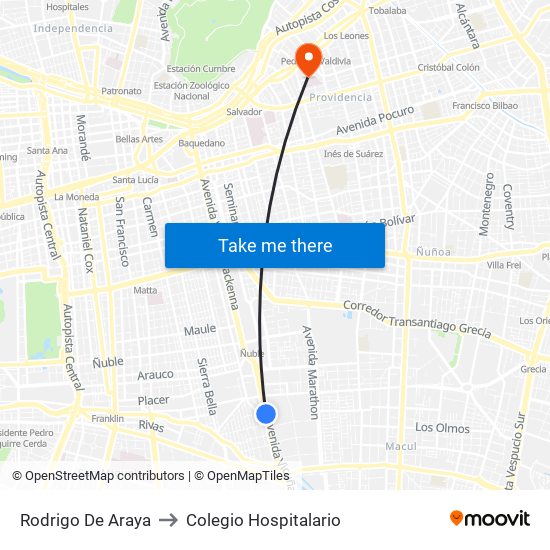 Rodrigo De Araya to Colegio Hospitalario map