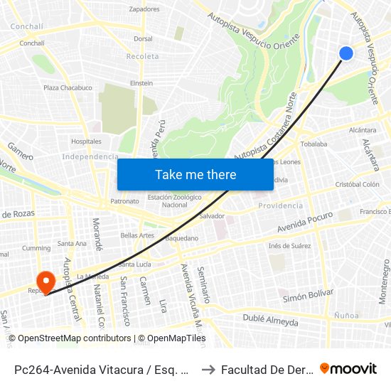 Pc264-Avenida Vitacura / Esq. Alonso De Córdova to Facultad De Derecho Udla map