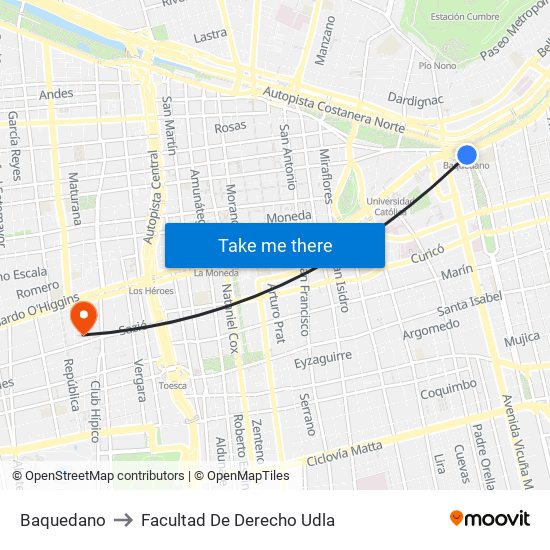 Baquedano to Facultad De Derecho Udla map