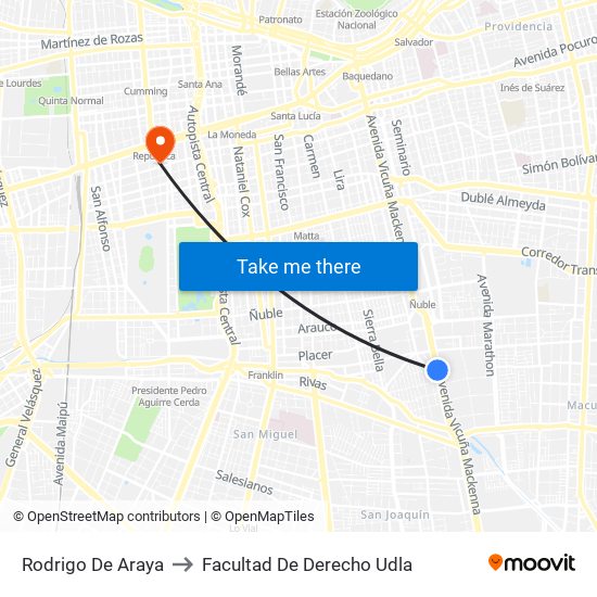 Rodrigo De Araya to Facultad De Derecho Udla map