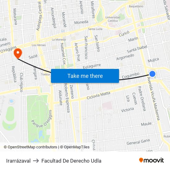 Irarrázaval to Facultad De Derecho Udla map