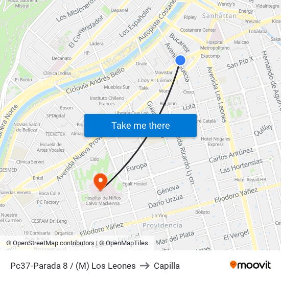 Pc37-Parada 8 / (M) Los Leones to Capilla map