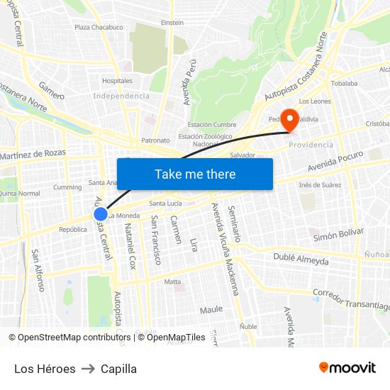 Los Héroes to Capilla map