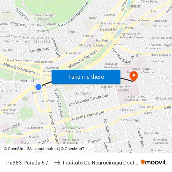 Pa383-Parada 5 / Plaza Italia to Instituto De Neurocirugía Doctor Alfonso Asenjo map