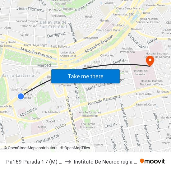 Pa169-Parada 1 / (M) Universidad Católica to Instituto De Neurocirugía Doctor Alfonso Asenjo map