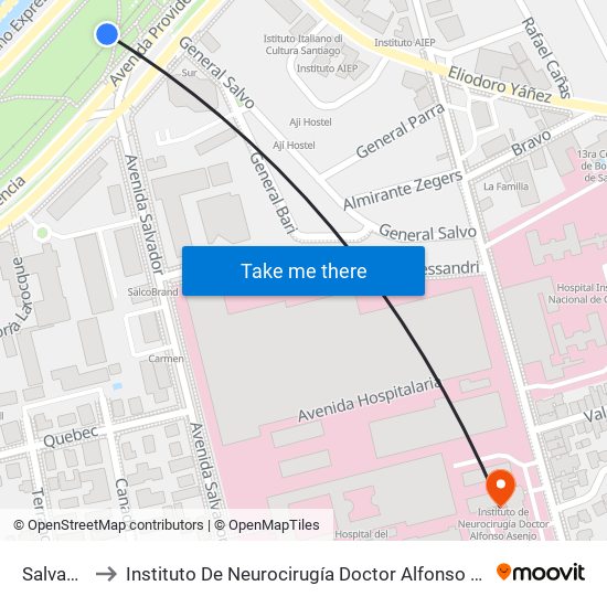 Salvador to Instituto De Neurocirugía Doctor Alfonso Asenjo map