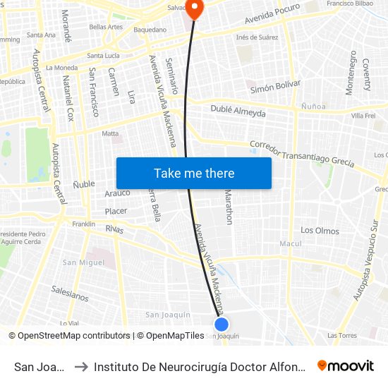 San Joaquín to Instituto De Neurocirugía Doctor Alfonso Asenjo map