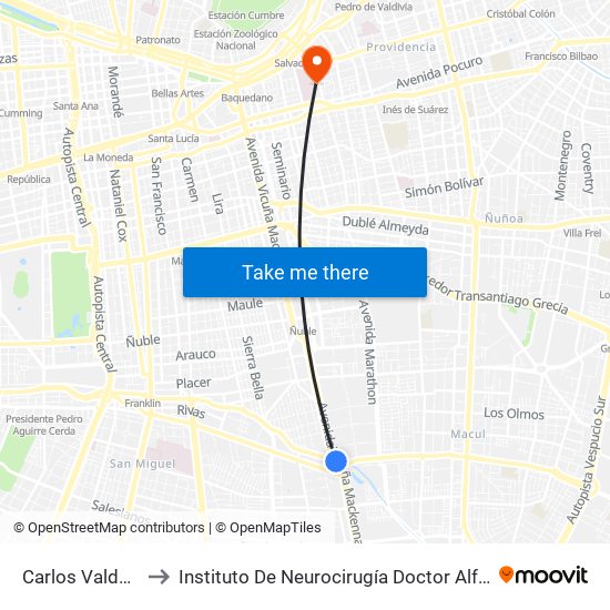 Carlos Valdovinos to Instituto De Neurocirugía Doctor Alfonso Asenjo map