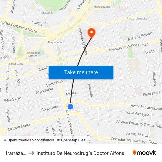 Irarrázaval to Instituto De Neurocirugía Doctor Alfonso Asenjo map