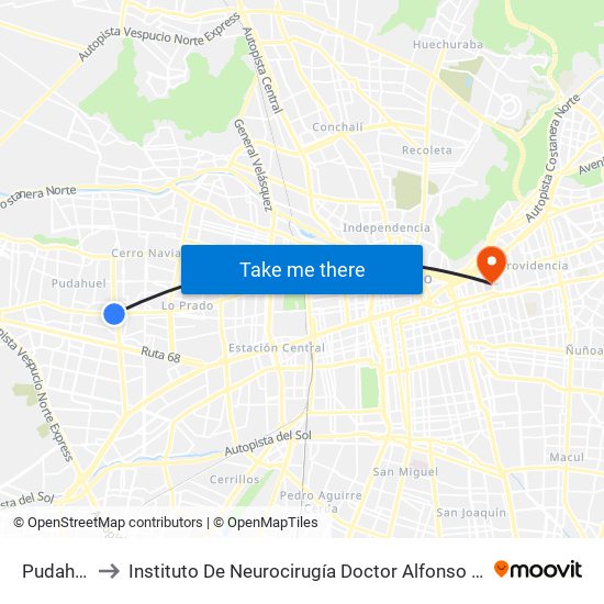 Pudahuel to Instituto De Neurocirugía Doctor Alfonso Asenjo map